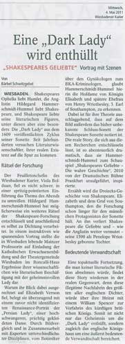 Bärbel Schwitzgebel, “Eine ‘Dark Lady’ wird enthüllt”, Wiesbadener Kurier (4. Mai 2011)